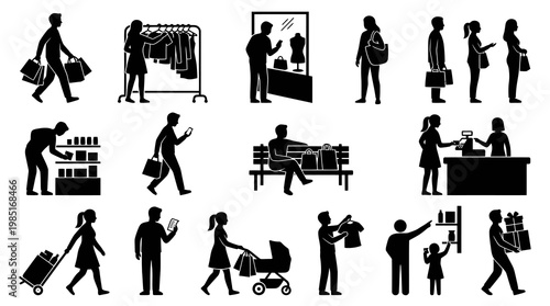 Shopping and Retail Silhouettes: People, Bags, Clothes, and Store Icons