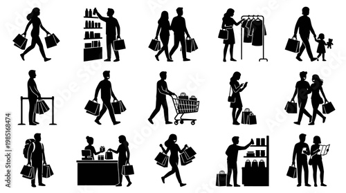 Black and White Silhouette Icons of People Shopping, Retail, Consumerism, E-commerce