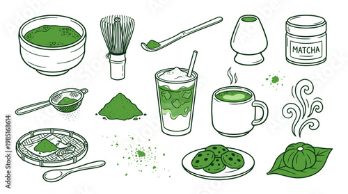 Matcha tea ceremony green doodle set with traditional whisk bowl and matcha latte for Japanese wellness and healthy beverage concept