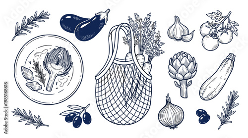 Mediterranean vegetables blue monochrome lineart collection with artichoke olive and grocery bag for healthy food cooking and market concept