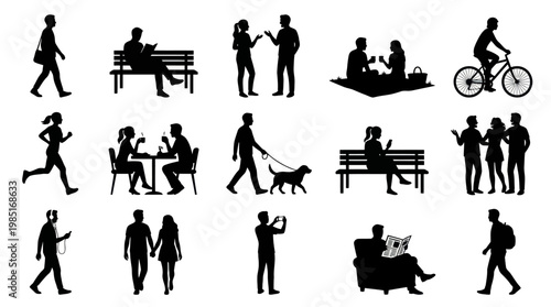 Diverse Daily Life People Activities Vector Silhouettes Set - Human Figures