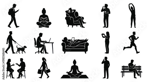 Daily Activities People Silhouettes Icons Set - Black and White Flat Style