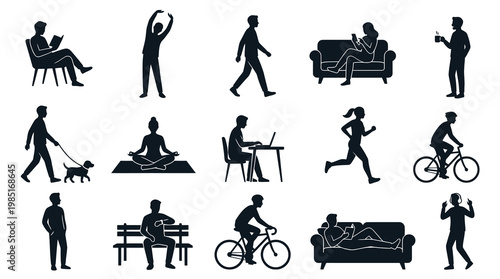 Black  White Silhouette Icons of People Engaged in Leisure and Activity