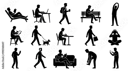 Lifestyle Human Activities Glyph Icons: Diverse People Silhouettes in Everyday Work Scenes