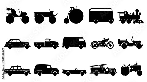 Black  White Transportation Vehicles Silhouettes Glyph Icon Set