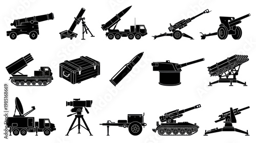 Military Weaponry and Defense Systems Black Silhouette Vector Icon Set