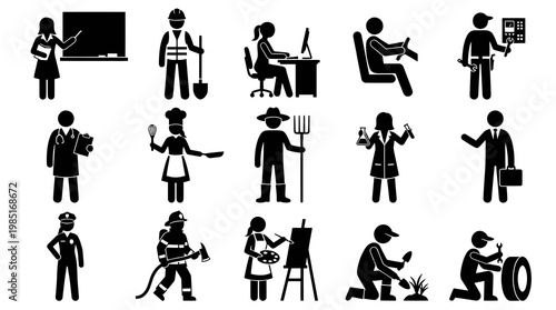 Black  White Flat Glyph Icons of Diverse Professions, Occupations, and Career Stick Figures