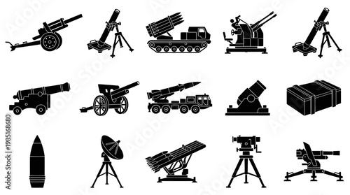 Military Weapons and Equipment Glyph Icon Set - Army Defense Silhouettes