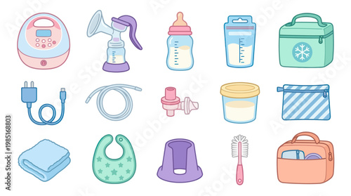 Baby Care Objects Flat Vector Icons Set - Breast Pump, Bottle, Bib, Cooler Bag