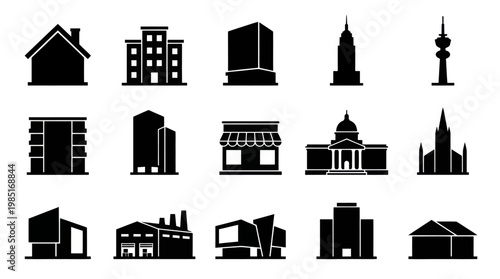 Black and White Building Icons, City Architecture Silhouettes, Vector Set