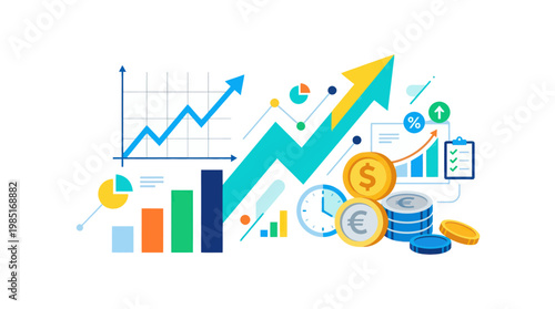 Finance Growth Chart with Coins, Bar Graph, Clock, and Up Arrow