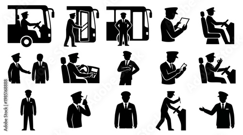 Black  White Glyphs of Bus Driver Actions and Bus