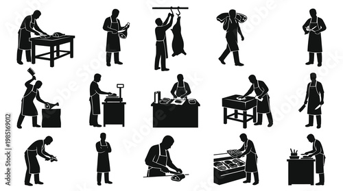 Butchery and Meat Processing Icons Set. Professional Butchers Silhouette Glyphs.