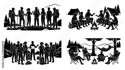 Camping Silhouettes: Hikers, Campfire, Tents, Hammock, Guitar - Vector Art