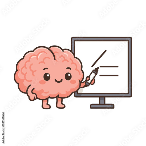Cartoon brain character drawing on whiteboard flat vector