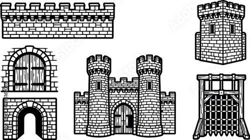 Black and white medieval castle towers gate and wall vector line art illustration