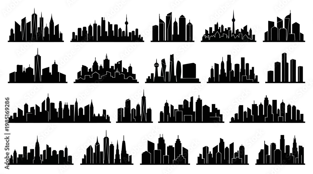 Obraz premium Black White Cityscape Silhouettes for Urban Design Architecture