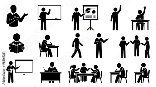Education and Learning Icons: Teachers, Students, Classrooms, Presentation