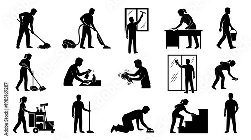 Black and White Silhouette Icons of People Cleaning and Housekeeping