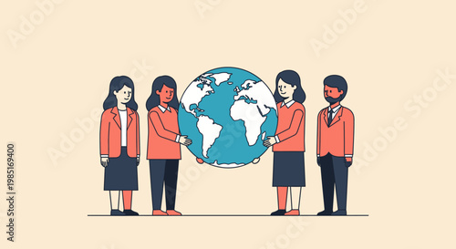 Diverse team collaboratively holding and protecting the Earth, symbolizing global unity, shared responsibility, environmental care, and international cooperation in a modern flat illustration