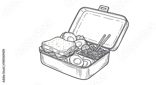 Hand-Drawn Lunchbox with Sandwich, Boiled Eggs, and Asian Food