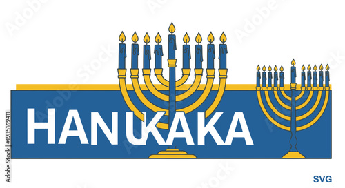Hanukkah Menorahs with Illuminated Candles, Jewish Holiday Celebration, Blue and Gold