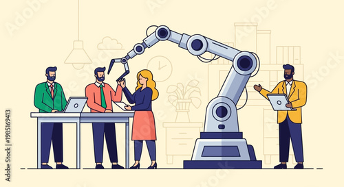 Professionals collaborate on advanced robotic automation, integrating innovative technology for future industry solutions in a modern work environment