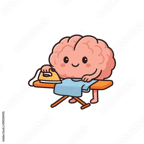 Cute brain character ironing clothes on board