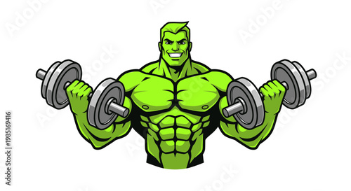 Mighty Green Bodybuilder Lifting Dumbbells, Muscular Man Fitness Icon