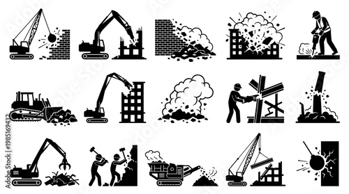 Demolition Icons: Black  White Construction Industry Vector Art