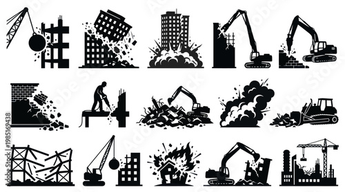 Demolition Icons: Construction Industry, Excavators, Cranes, Black and White Art