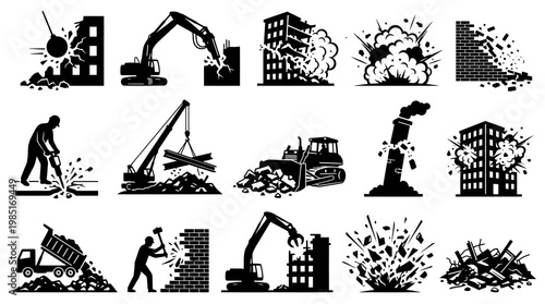 Demolition Icons: Construction, Excavator, Wrecking Ball, Explosion, Building Collapse