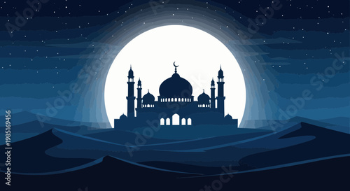 Silhouette Mosque at Night with Full Moon Over Desert Dunes, Islamic Architecture