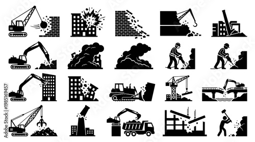 Demolition Icons: Construction Equipment, Building Destruction, Black  White Stock Art