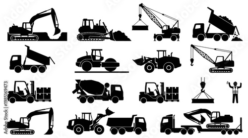 Construction Vehicles and Heavy Machinery Silhouette Icons Set