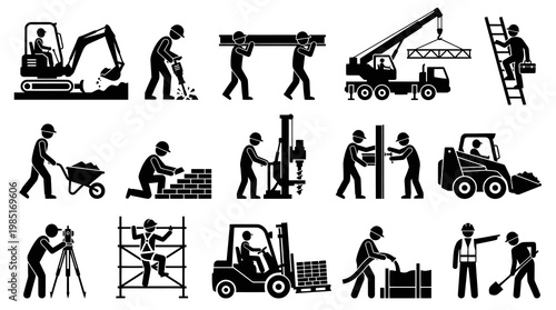 Construction Worker Icons: Building, Equipment, and Safety in Black and White Glyph Art