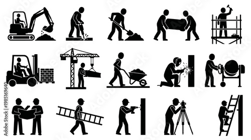 Construction Worker Icons: Builders, Tools  Machinery, Black  White Glyph Art