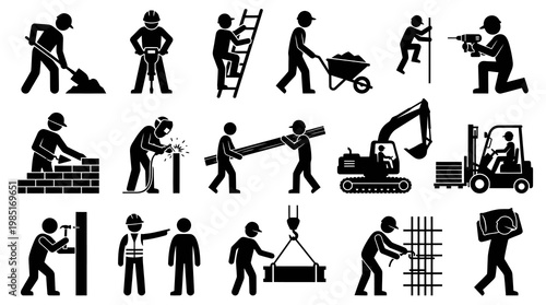 Construction worker icons: digging, jackhammer, ladder, bricklaying, welding, carrying beams, drilling, forklift, excavator, crane, rebar, carrying cement bag