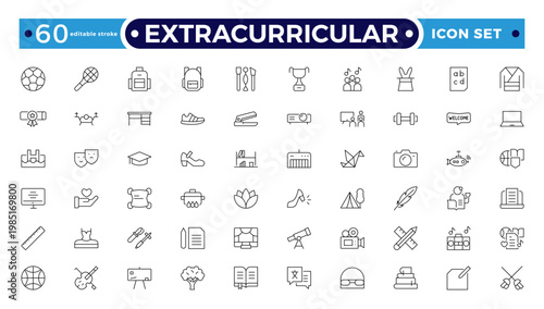 Extracurricular Activity Outline Icons Set. A Professional Collection of Vector Symbols for Student Clubs, Sports, Music, Campus Leadership, and Creative Arts. Editable stroke outline icon.