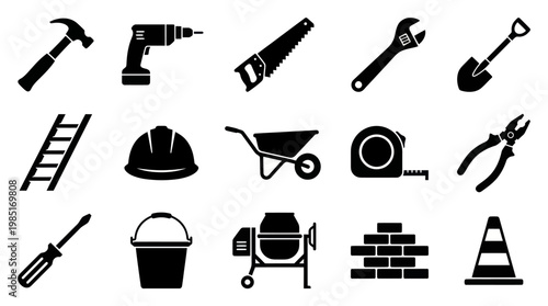 Construction Tools Icons Set - Black  White Glyph Style