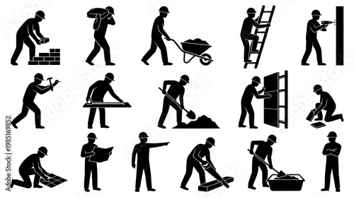 Construction Worker Icons: Building, Digging, Ladder, Tools, Black  White Glyphs