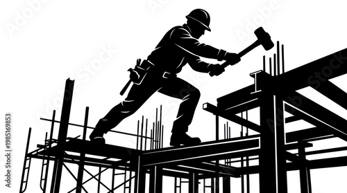 Construction worker with sledgehammer building metal structure, silhouette