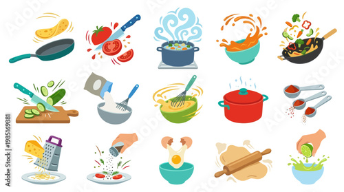 Flat vector food preparation icons: cooking, baking, ingredients