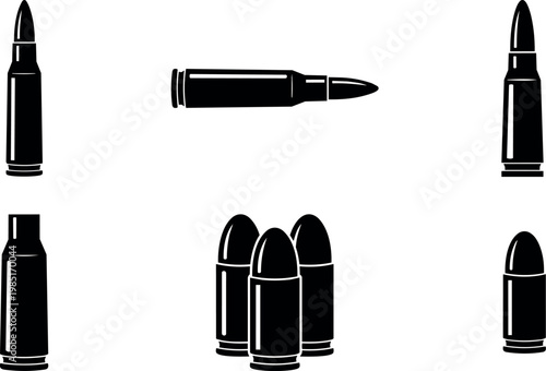 Black and white silhouette bullet ammunition icons set vector art