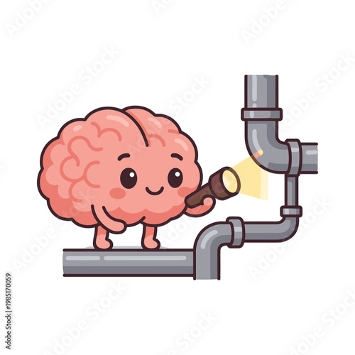 Brain character exploring metal pipes with flashlight