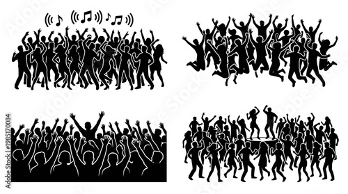Black  White Silhouette of Dancing Crowd at Music Concert