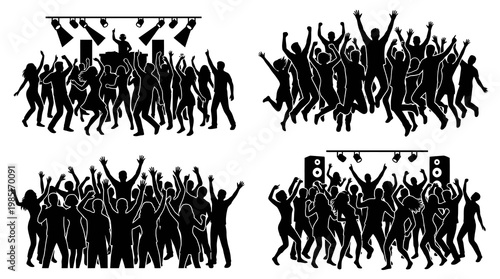 Black Silhouette Vector of Dancing Crowd at Entertainment Party and Music Events