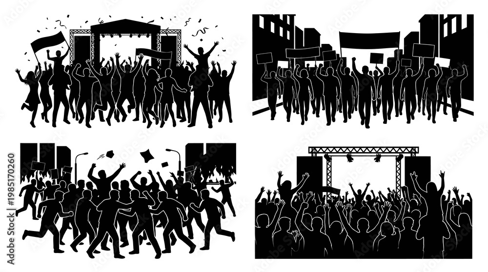 Obraz premium Black White Crowd Silhouettes: Concert, Protest, Celebration, Festival