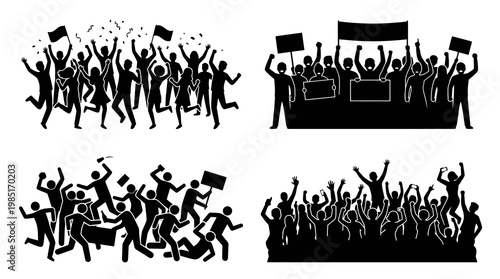 Black and White Silhouettes of Protesting Crowds with Signs and Flags
