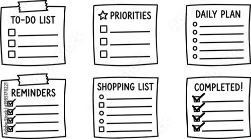 Black and white checklist notes for to do reminders priorities and shopping list